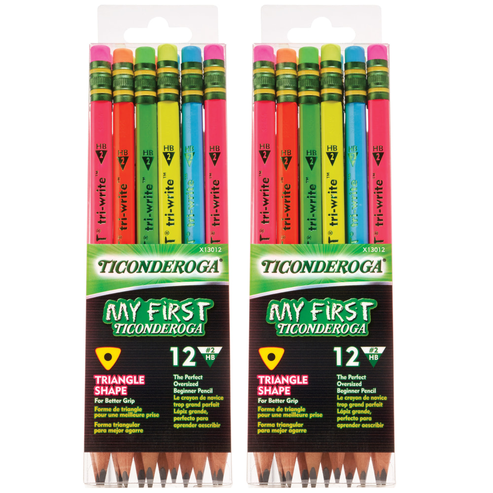 Ticonderoga My First Tri-Write Wood-Case Pencils, No. 2/Soft, Assorted Neon Colors, 12 Pencils Per Pack, Set Of 2 Packs MPN:DIX13012-2