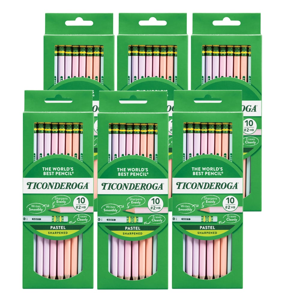 Ticonderoga Presharpened Wooden Pencils, #2/Soft, Assorted Pastel Colors, 10 Pencils Per Pack, Set Of 6 Packs MPN:DIX13710-6