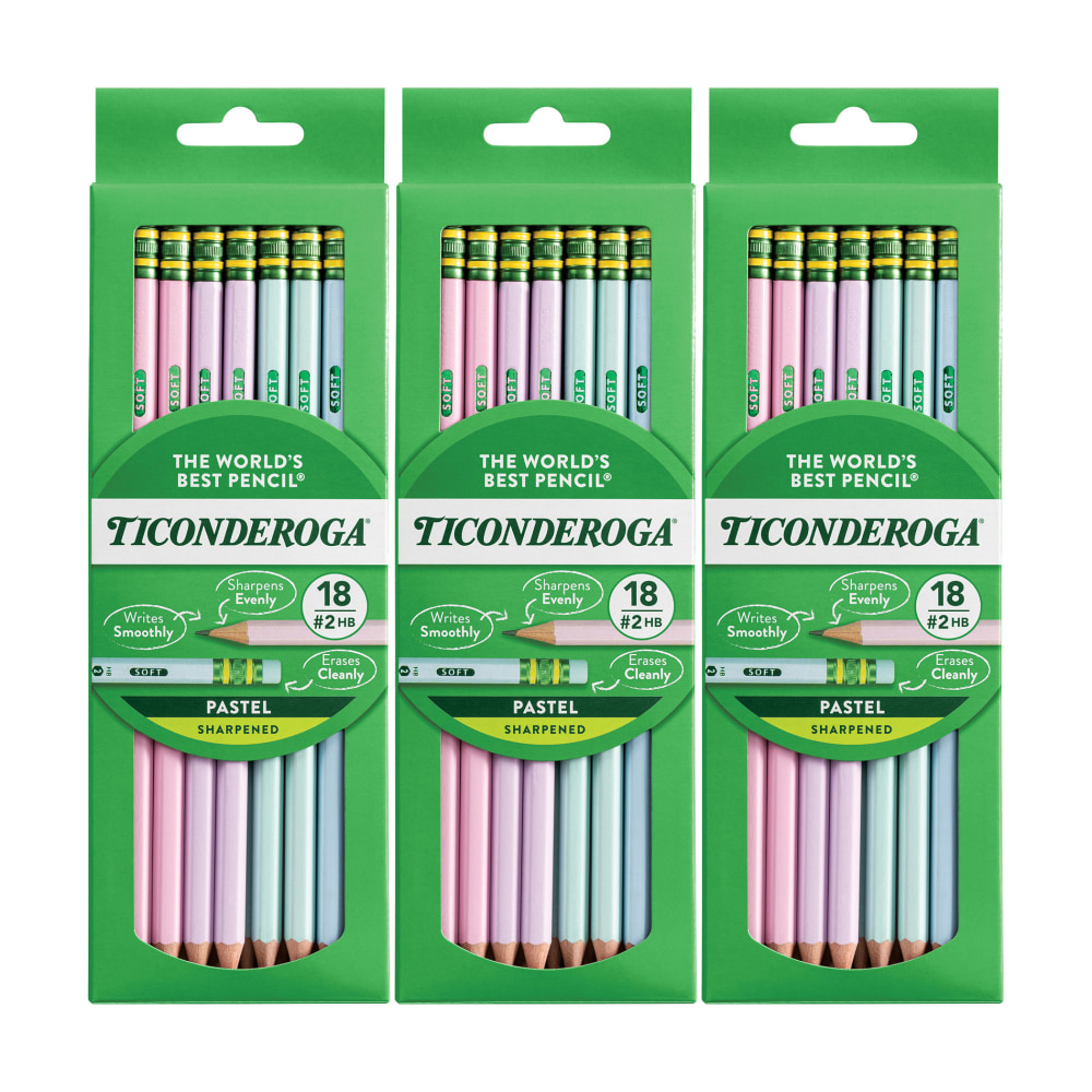 Ticonderoga Presharpened Wooden Pencils, #2/Soft, Assorted Pastel Colors, 18 Pencils Per Pack, Set Of 3 Packs MPN:DIX13718-3