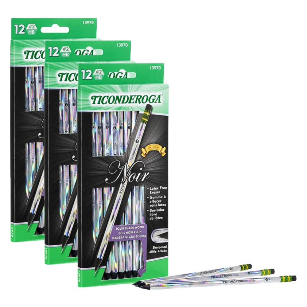 Ticonderoga Noir Pencils, #2 Soft, Holographic Foil On Black Wood, 12 Pencils Per Pack, Set Of 3 Packs MPN:DIX13970-3