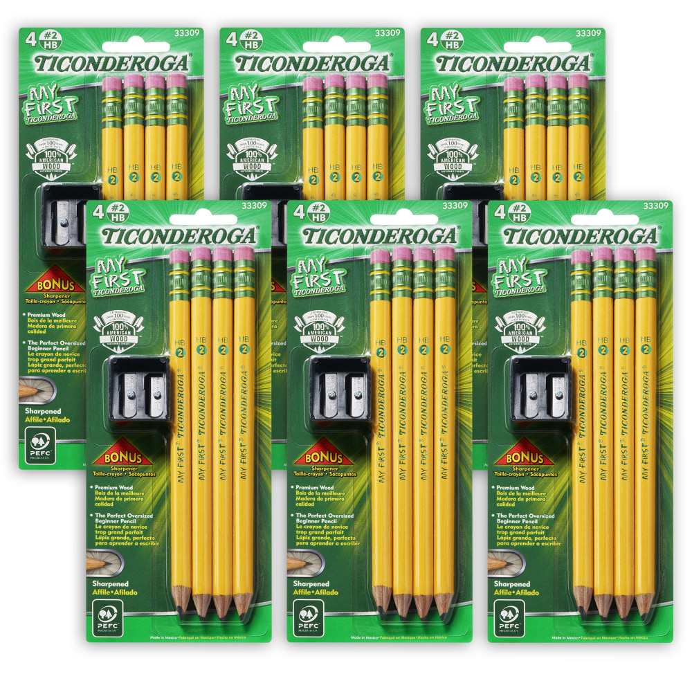Ticonderoga My First Pencils, Sharpened, No. 2/Soft, Yellow, 4 Pencils Per Pack, Set Of 6 Packs MPN:DIX33309-6