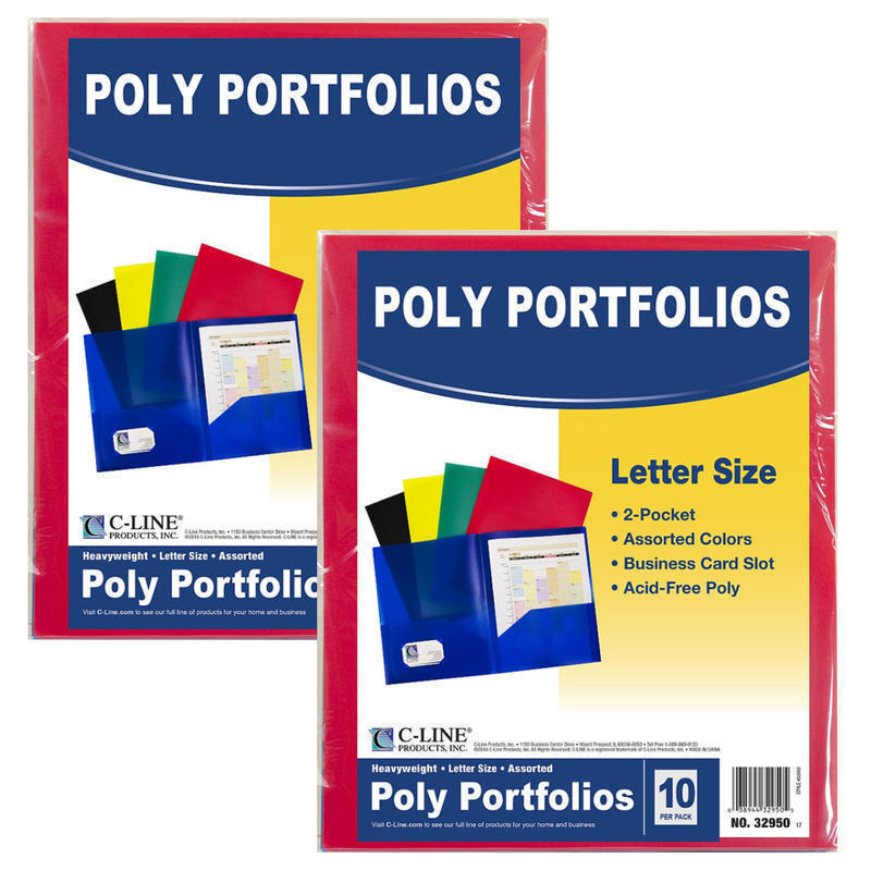 C-Line 2-Pocket Poly Portfolios, 8-1/2in x 11in, Primary Colors, 10 Folders Per Pack, Set Of 2 Packs MPN:CLI32950-2