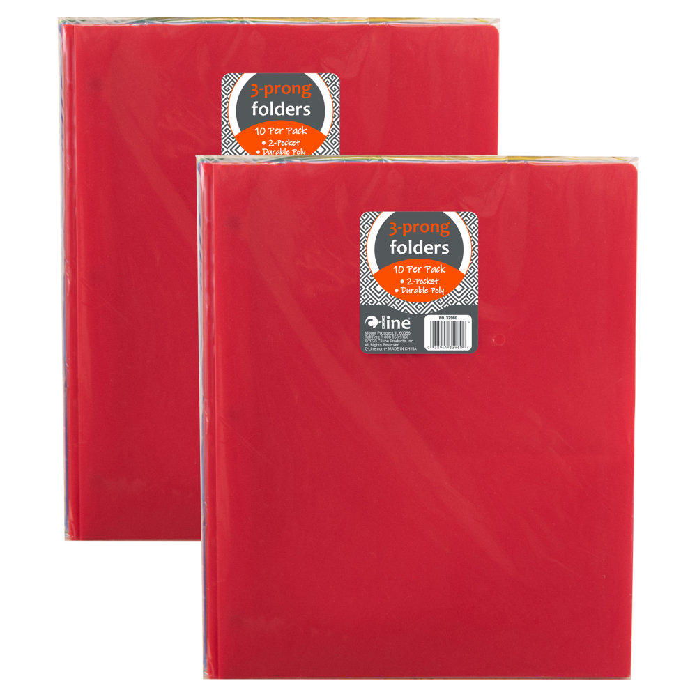 C-Line 2-Pocket Heavyweight Poly Portfolio Folders With Prongs, Assorted Colors, 10 Folders Per Pack, Set Of 2 Packs MPN:CLI32960-2