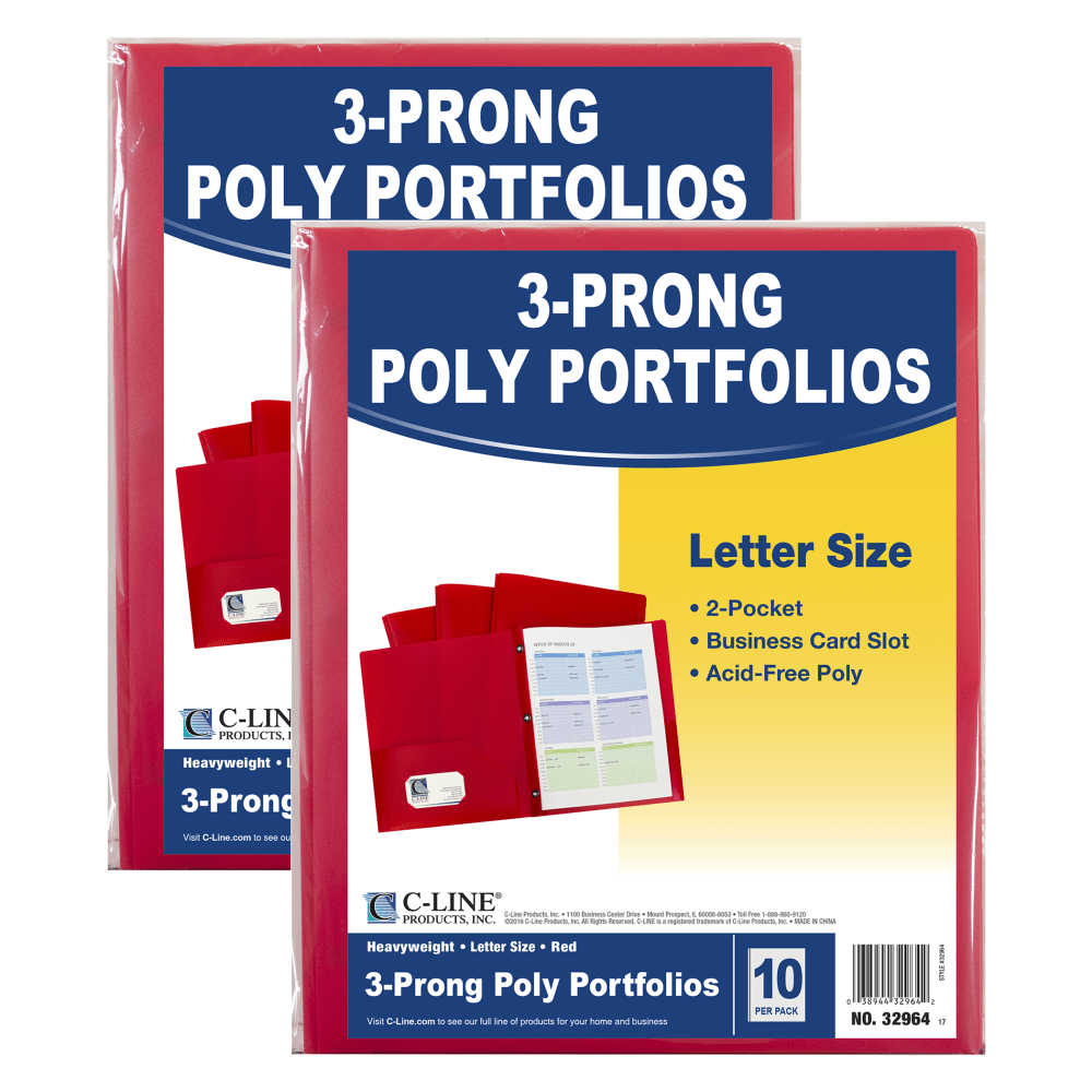 C-Line 2-Pocket Heavyweight Poly Portfolio Folders With Prongs, 8-1/2in x 11in, Red, 10 Folders Per Pack, Set Of 2 Packs MPN:CLI32964-2