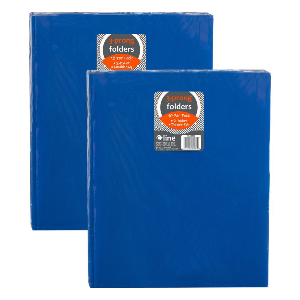 C-Line 2-Pocket Heavyweight Poly Portfolio Folders With Prongs, 8-1/2in x 11in, Blue, 10 Folders Per Pack, Set Of 2 Packs MPN:CLI32965-2