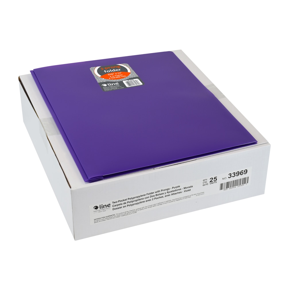 C-Line 2-Pocket Heavyweight Poly Portfolio Folders With Prongs, 8-1/2in x 11in, Purple, Pack Of 25 Folders MPN:CLI33969-25
