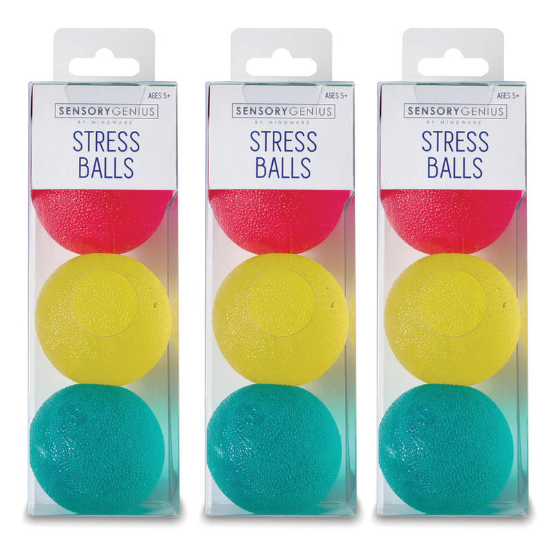 MindWare Sensory Genius Stress Balls, Green/Yellow/Pink, 3 Stress Balls Per Pack, Case Of 3 Packs MPN:MWA13785009-3
