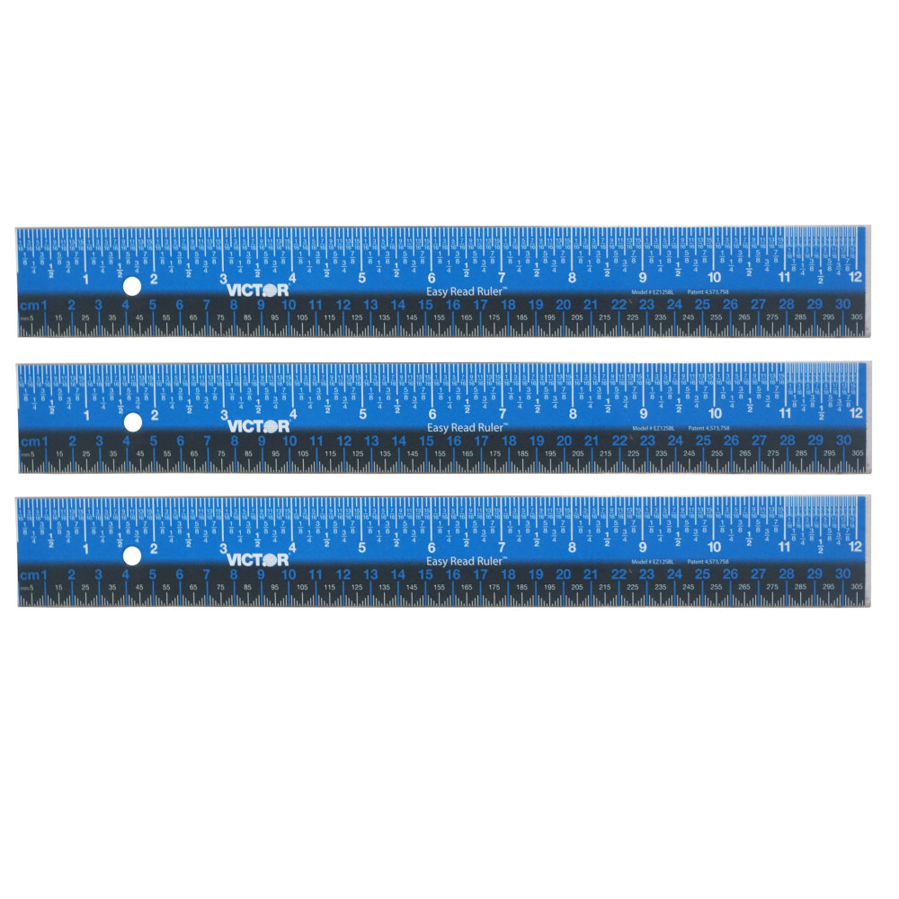 Victor Easy Read Ruler, Stainless Steel, Blue/Black, 12in, Pack Of 3 MPN:VICEZ12SBL-3