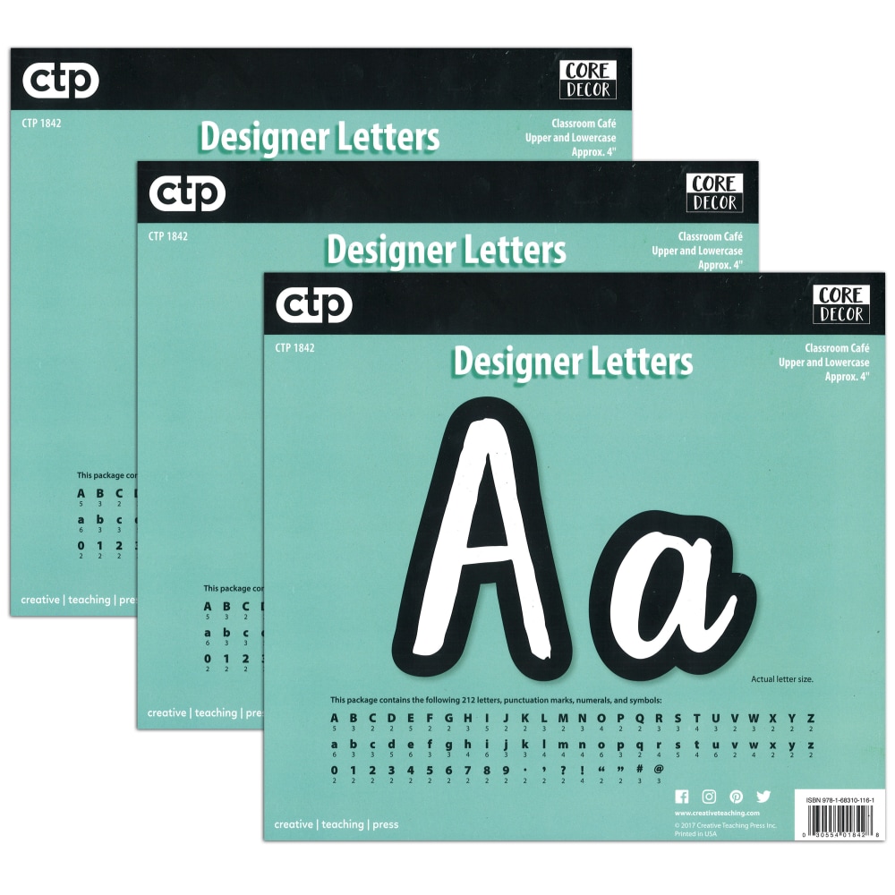 Creative Teaching Press Designer Letters, 4in, Bold And Bright Classroom Cafe, 212 Pieces Per Pack, Set Of 3 Packs MPN:CTP1842-3