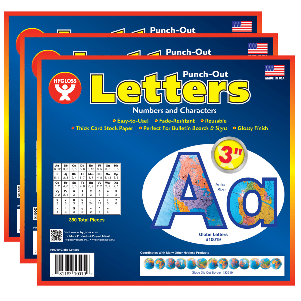 Hygloss Punch-Out Letters, 3in, Globes, 350 Characters Per Pack, Set Of 3 Packs MPN:HYG10019-3