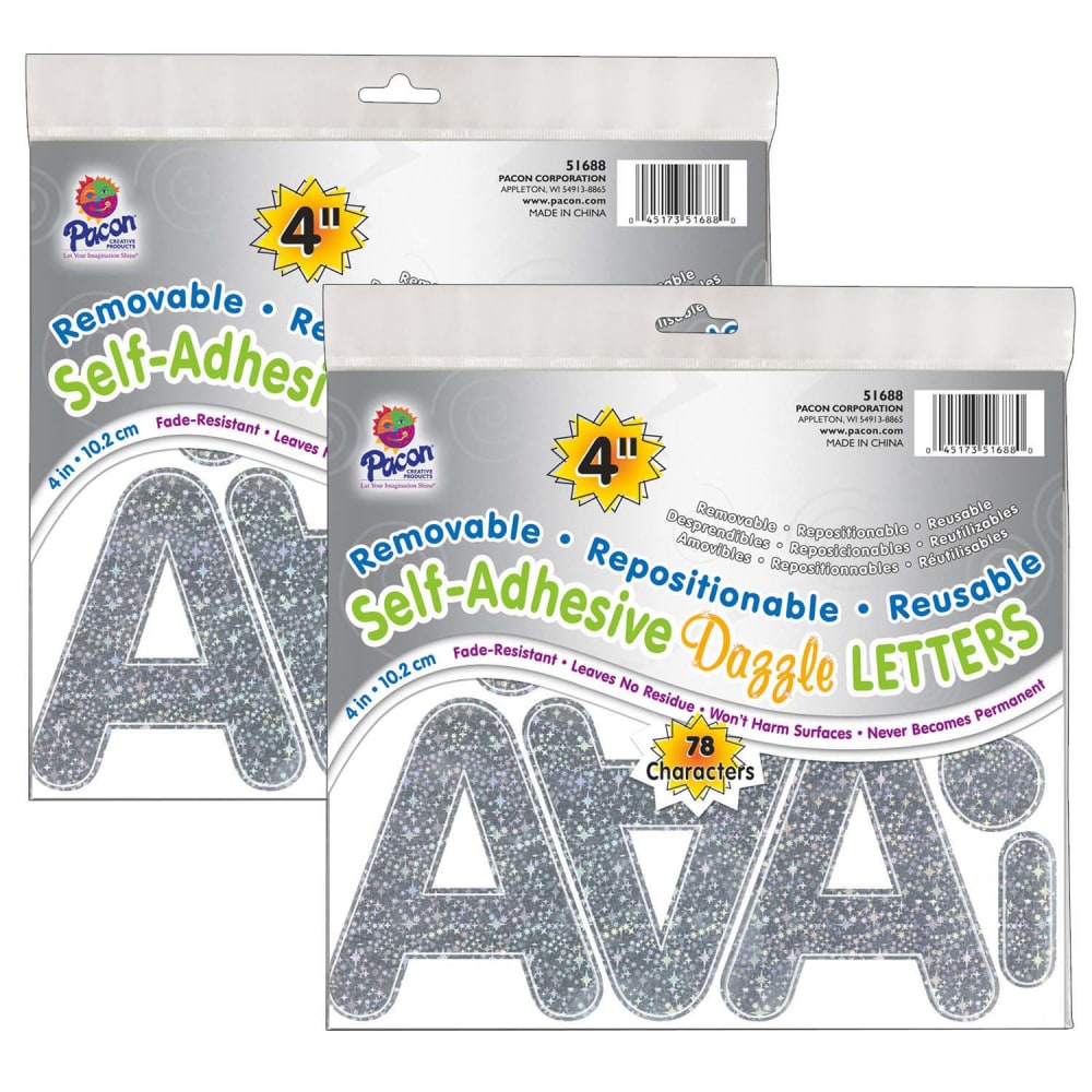 Pacon Self-Adhesive Letters, 4in, Puffy Font, Silver Dazzle, 78 Per Pack, Set Of 2 Packs MPN:PAC51688-2