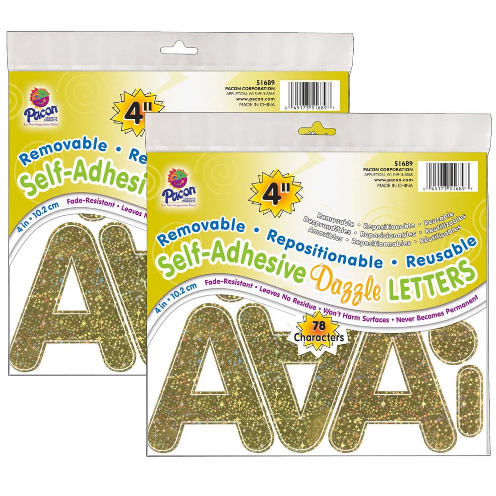 Pacon Self-Adhesive Letters, 4in, Puffy Font, Gold Dazzle, 78 Per Pack, Set Of 2 Packs MPN:PAC51689-2
