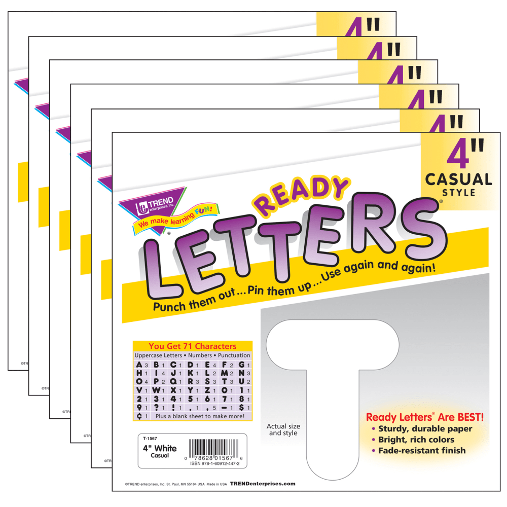 TREND Ready Letters, 4in, Casual Uppercase, White, Set Of 6 Packs MPN:T-1567-6