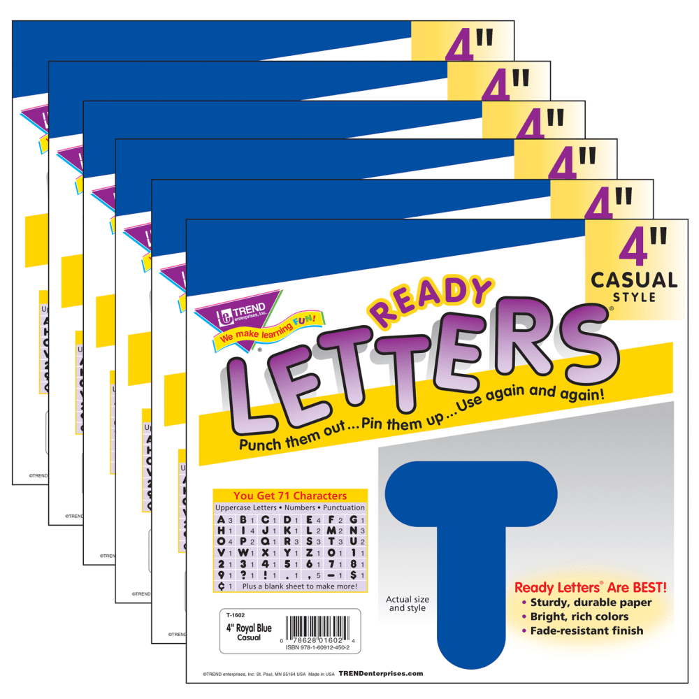 TREND Ready Letters, 4in, Casual Uppercase, Royal Blue, Set Of 6 Packs MPN:T-1602-6