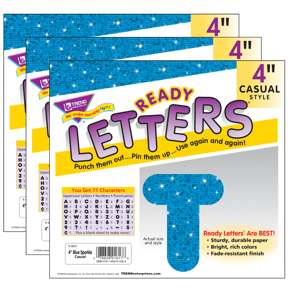 TREND Ready Letters, 4in, Casual Uppercase, Blue Sparkle, 71 Per Pack, Set Of 3 Packs MPN:T-1617-3