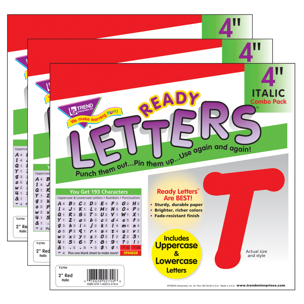 TREND Ready Letters, 4in, Italic Combo, Red, Set Of 3 Packs MPN:T-2700-3