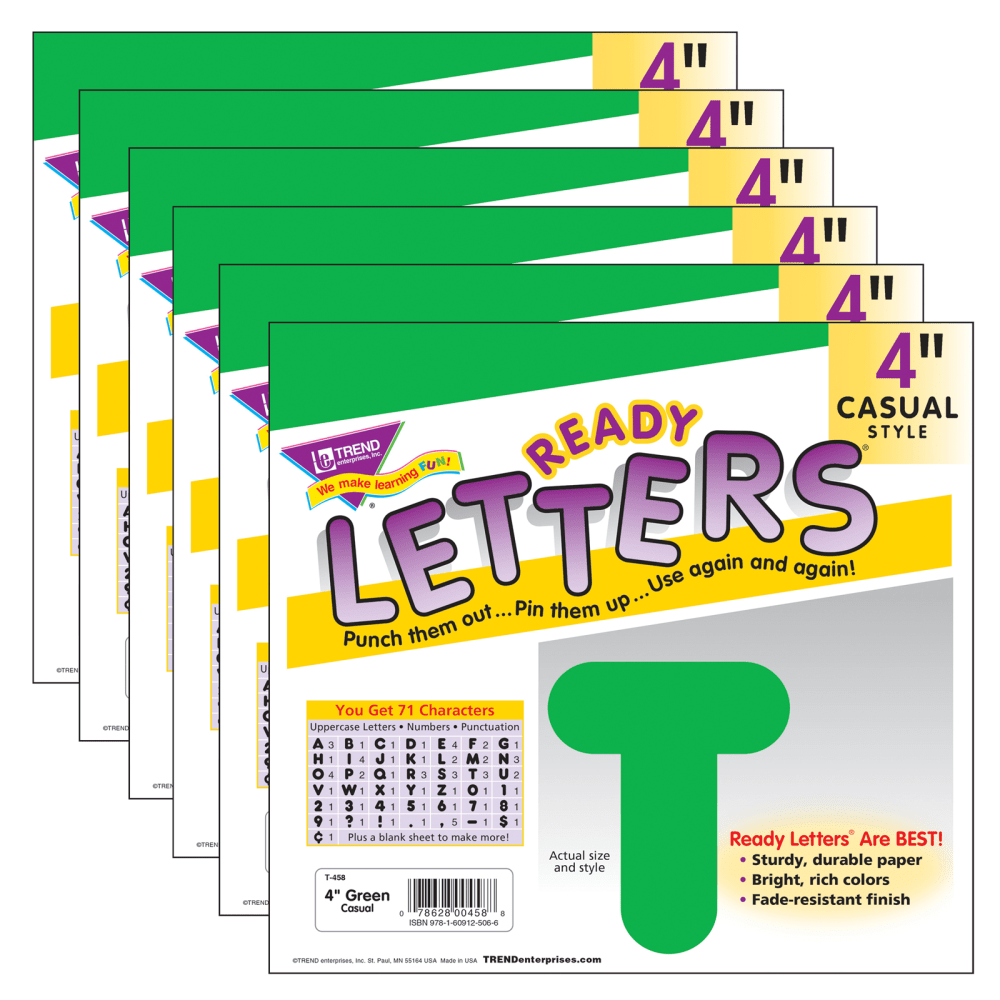 TREND Ready Letters, 4in, Casual Uppercase, Green, Set Of 6 Packs MPN:T-458-6