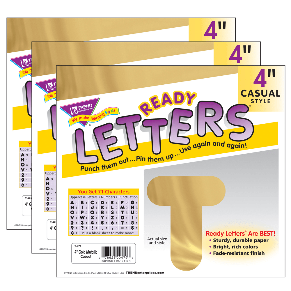 TREND Ready Letters, 4in, Casual Uppercase, Gold Metallic, Set Of 3 Packs MPN:T-479-3