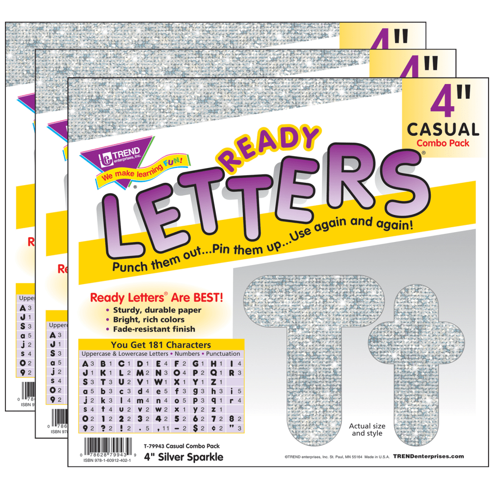 Trend Casual Combo Ready Letters, 4in, Silver Sparkle, 182 Letters Per Pack, Set Of 3 Packs MPN:T-79943-3