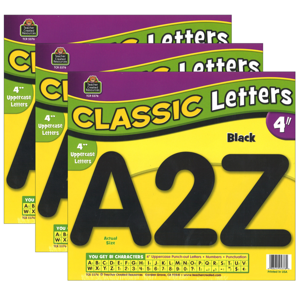 Teacher Created Resources Letters Uppercase Pack, 4in, Black Classic Font, 81 Pieces Per Pack, Set Of 3 Packs MPN:TCR5376-3