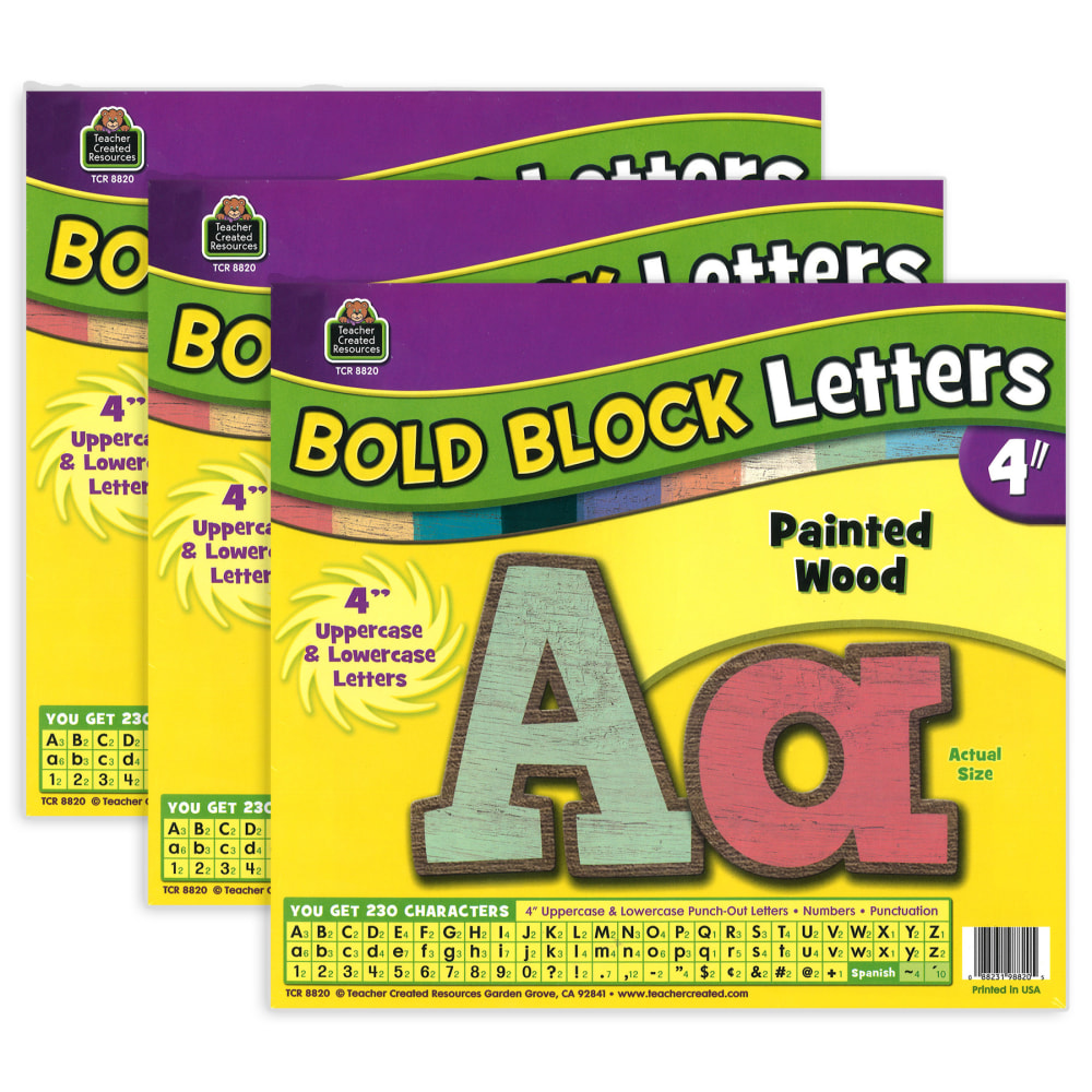 Teacher Created Resources Letters Combo Pack, 4in, Painted Wood Design Bold Block, 230 Characters Per Pack, Set Of 3 Packs MPN:TCR8820-3