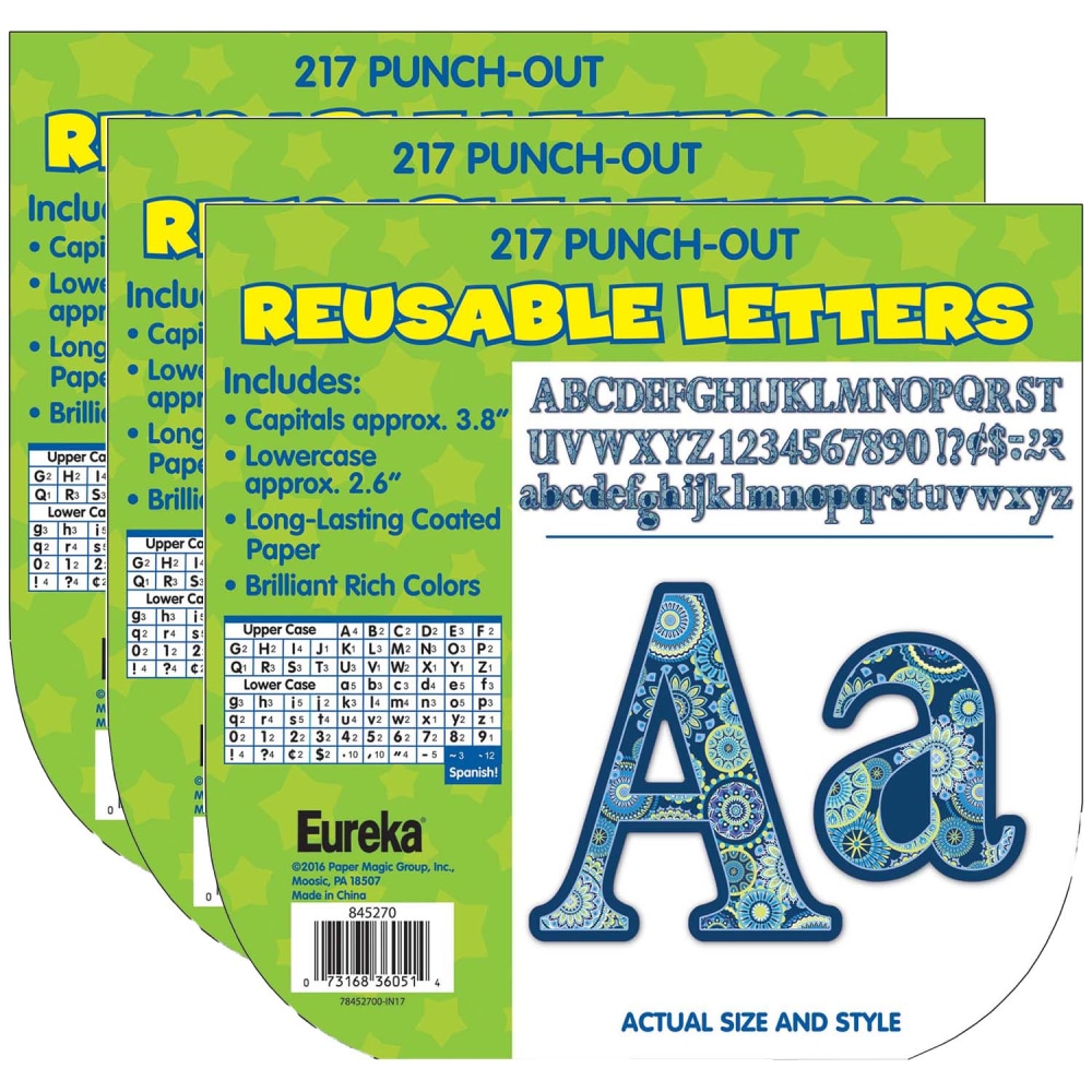Eureka Reusable Punch-Out Deco Letters, 4in, Blue Harmony, 217 Letters Per Pack, Set Of 3 Packs MPN:EU-845270-3