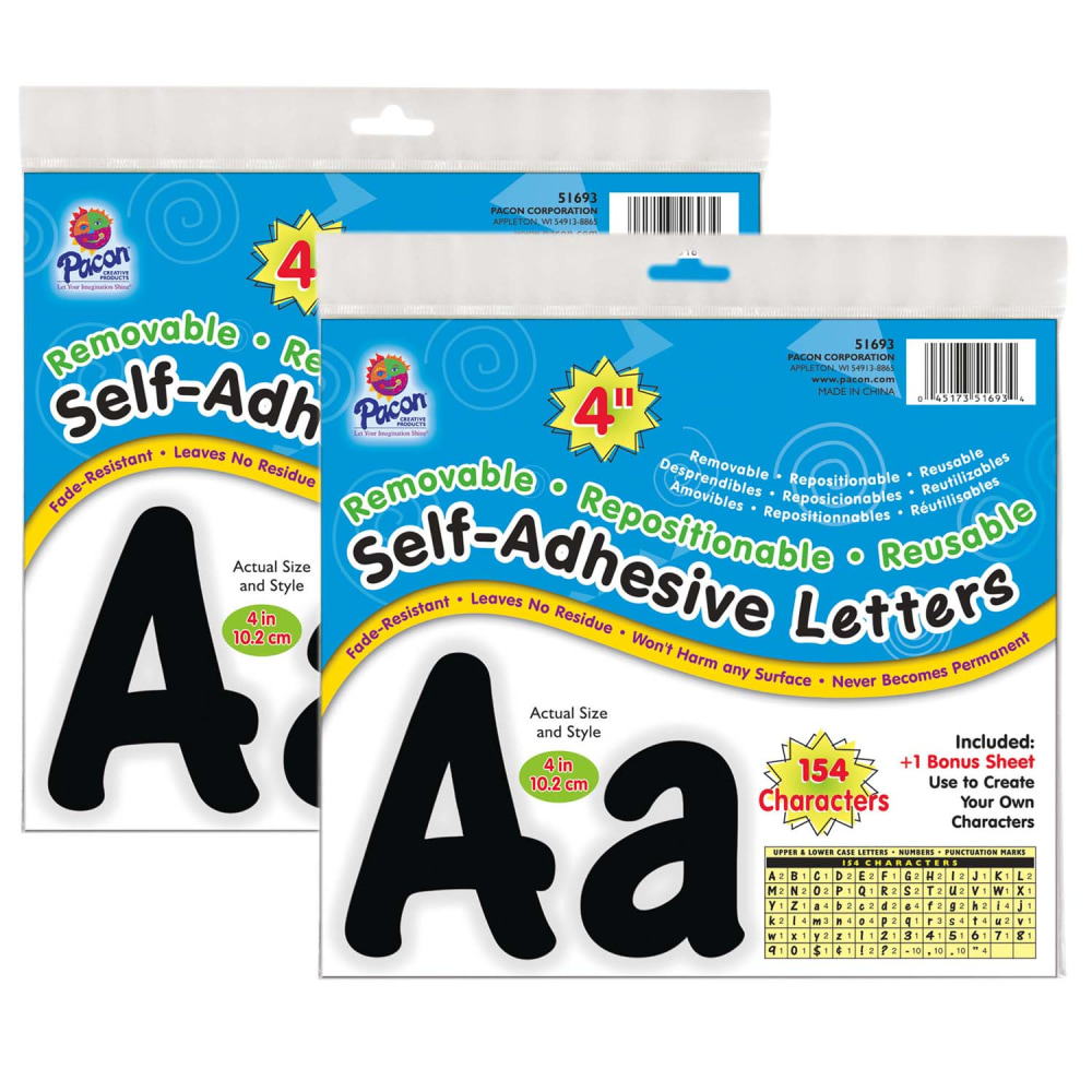 Pacon Self-Adhesive Letters, 4in, Black, Cheery Font, 154 Letters Per Pack, Set Of 2 Packs MPN:PAC51693-2