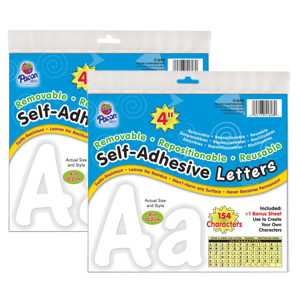 Pacon Self-Adhesive Letters, 4in, White, Cheery Font, 154 Per Pack, 2 Packs Of Letters MPN:PAC51698-2