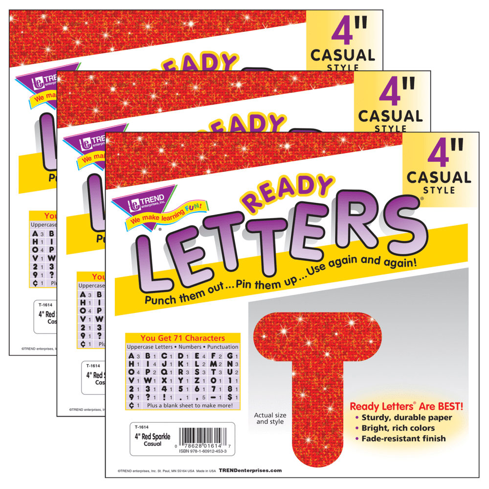 TREND Ready Letters, 4in, Casual Uppercase, Red Sparkle, Set Of 3 Packs MPN:T-1614-3