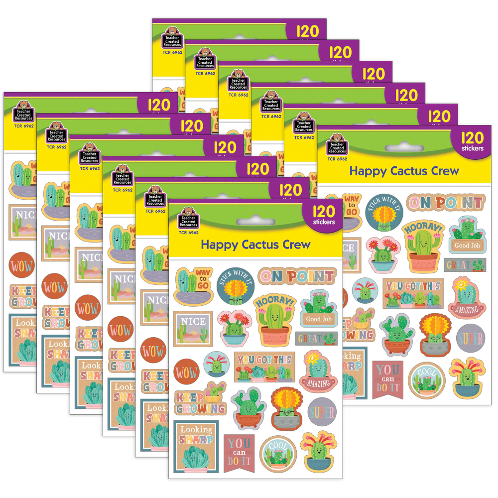 Teacher Created Resources Stickers, Happy Cactus Crew, 120 Per Pack, Set Of 12 Packs MPN:TCR6962-12