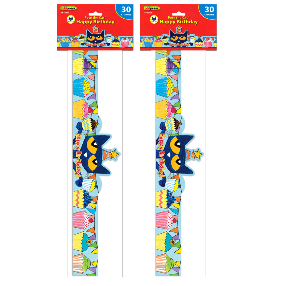 Teacher Created Resources Pete The Cat Happy Birthday Crowns, 24in x 4-3/4in, Multicolor, 30 Crowns Per Pack, Set Of 2 Packs MPN:EP-62000-2