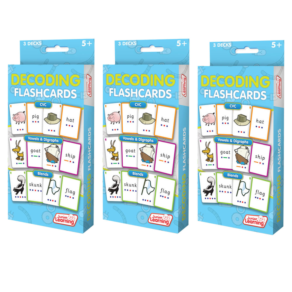 Junior Learning Flashcards, 7in x 3-1/2in, Decoding, Pack Of 3 Flashcards, Set Of 3 Packs MPN:JRL211-3