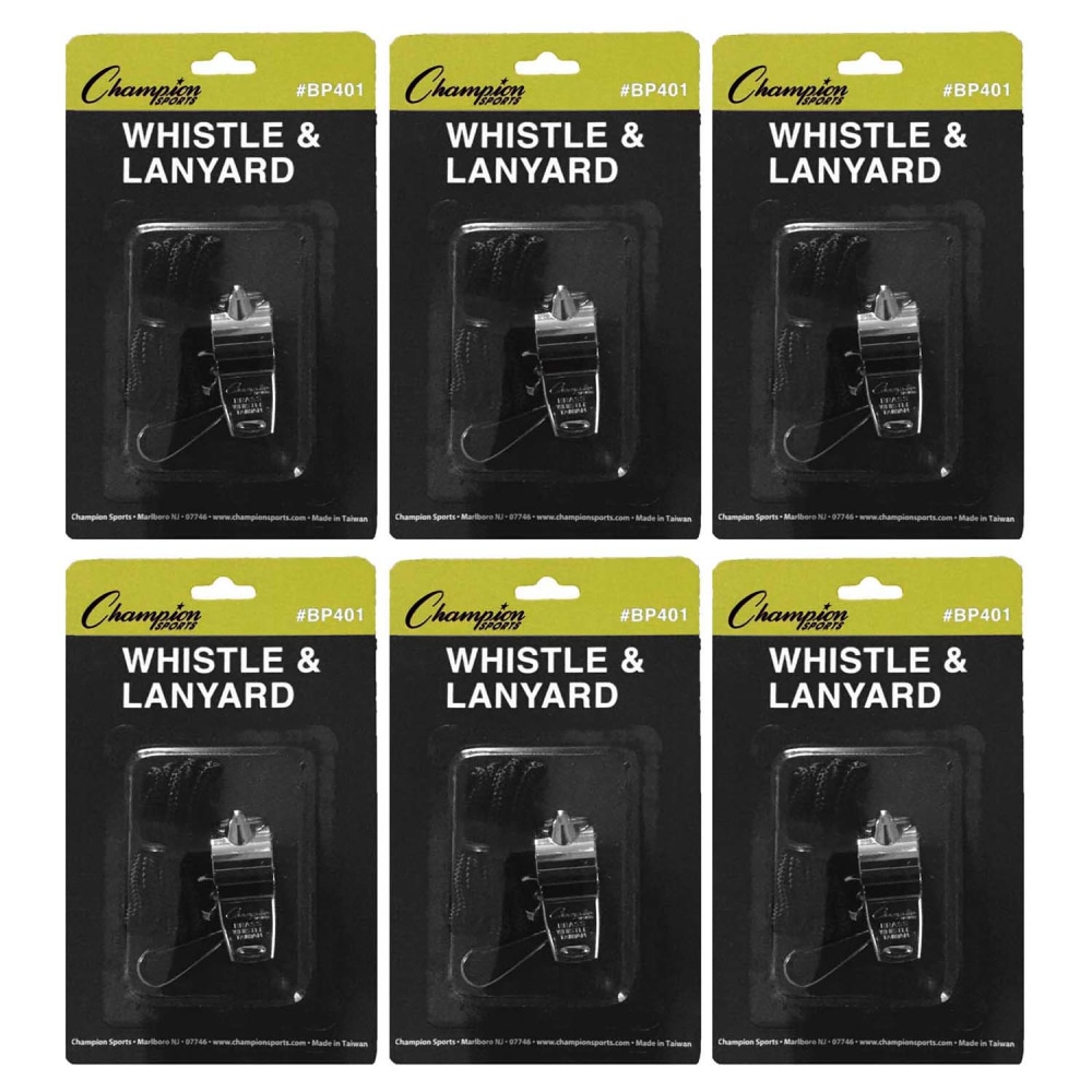 Champion Sports Metal Whistle & Lanyard Packs, 13/16inH x 13/16inW x 1-3/4inD, Silver/Black, Set Of 6 Packs MPN:CHSBP401-6