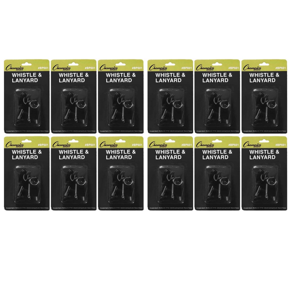Champion Sports Plastic Whistle & Lanyard Packs, 13/16inH x 13/16inW x 2inD, Black, Set Of 12 Packs MPN:CHSBP601-12