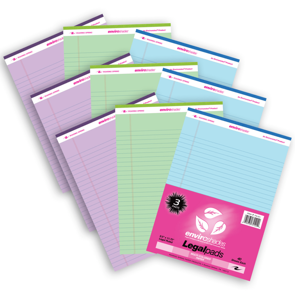 Roaring Spring Paper Products Enviroshades Legal Pad, Standard, Assorted Colors, 3 Per Pack, Set Of 3 Packs MPN:ROA74101-3