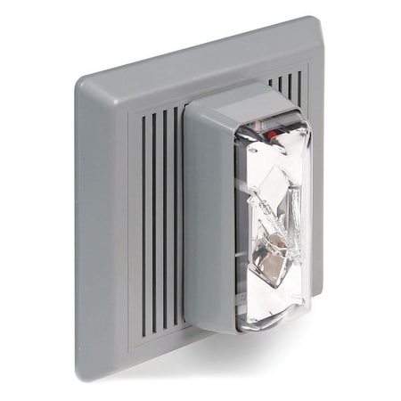 Horn Strobe, Horn, Continuous, 24 V AC, 24V DC, 90 dB, Thermoplastic, Clear Lens, Gray Housing MPN:869STRC-AQ