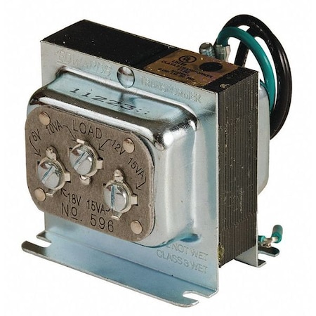 Class 2 Transformer, 10 VA at 6V AC, 15 VA at 12V AC, 15 VA at 18V AC, Not Rated, 6/12/18V AC, 120V AC MPN:596