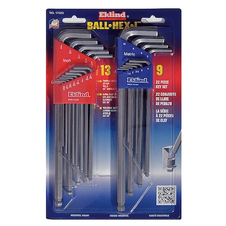 22-Piece Hex Key Set, Combination Ball-Hex-L, Extra Long, Metric and SAE Color Coded Sets MPN:17322