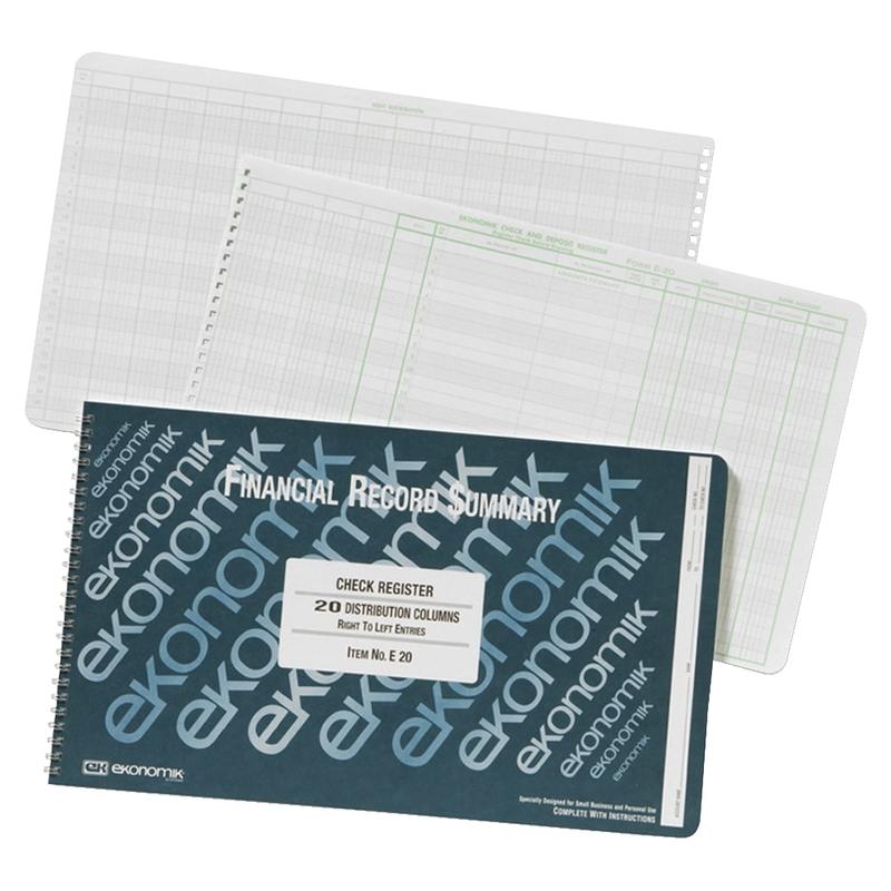 Ekonomik Check Registers Accounting System Book, 8 3/4in x 14 3/4in, 40 Pages, White/Green MPN:E20
