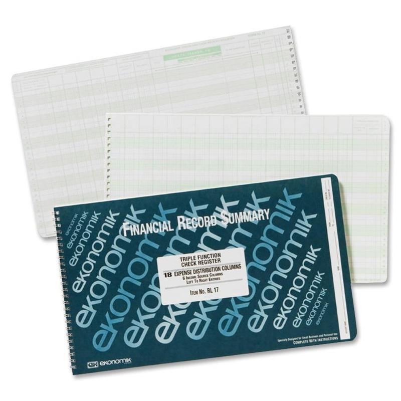 Ekonomik Standard Size Triple Function Check Registry - 40 Sheet(s) - Wire Bound - 14.75in x 8.75in Sheet Size - 18 Columns per Sheet - White Sheet(s) - Green Print Color - Recycled - 1 Each (Min Order Qty 2) MPN:RL17