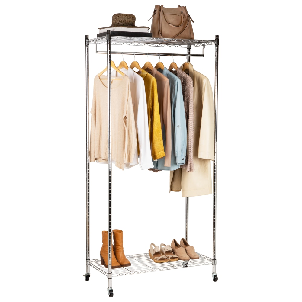 Mind Reader Heavy Duty Rolling Garment Rack With Adjustable Bar, 73-1/4inH x 17-3/4inW x 36inD, Silver MPN:ROLLRACK-SIL