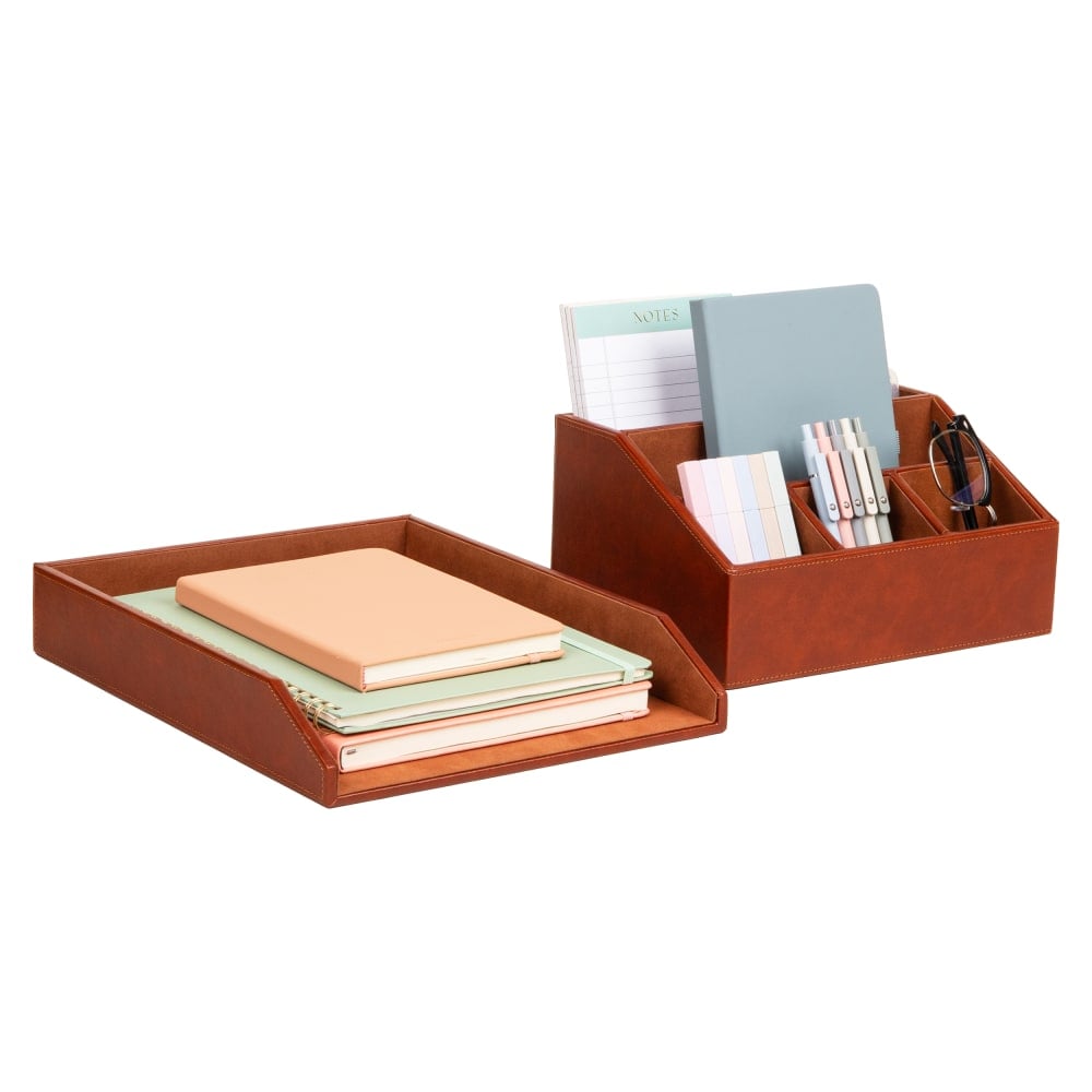 Mind Reader PU Leather Desk Organizer And Letter Tray Set, Brown, Total Qty 1 MPN:PUWSET-BRN