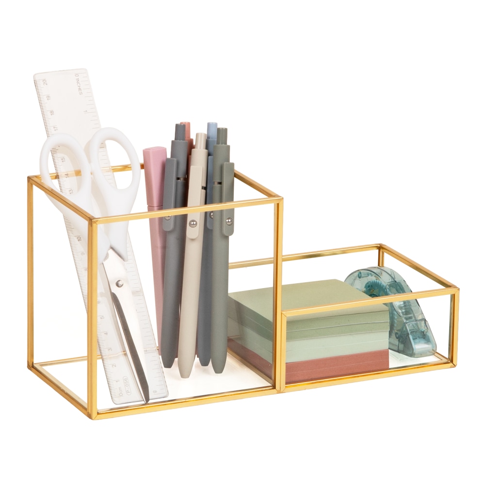 Mind Reader 2-Compartment Glass Catch-All Tray with Copper Trim, 4-3/4inH x 9-3/8inW x 4inD, Clear, Total Quantity 1 MPN:LG-GLD