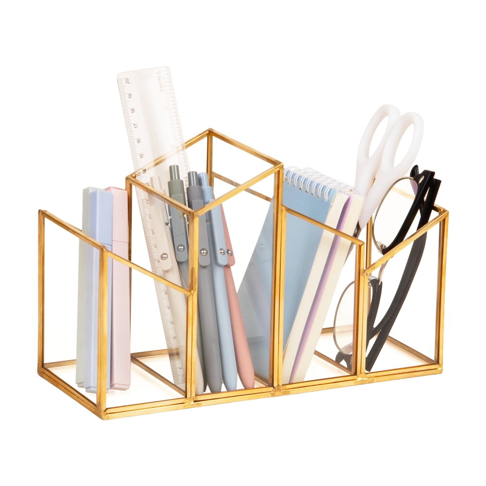 Mind Reader 4-Compartment Angled Glass Pen Holder With Copper Trim, 5-7/8inH x 9-1/2inW x 3-7/8inD, Clear, Total Quantity 1 MPN:MENO-GLD