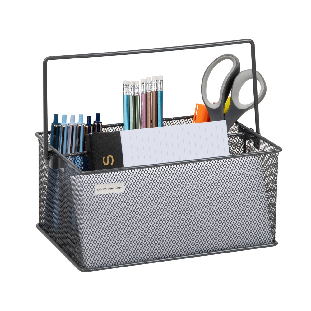 Mind Reader 4-Compartment Utensil or Supply Caddy with Handle, 4-3/4inH x 7inW x 10inL, Grey MPN:MESHBASKET-GRY