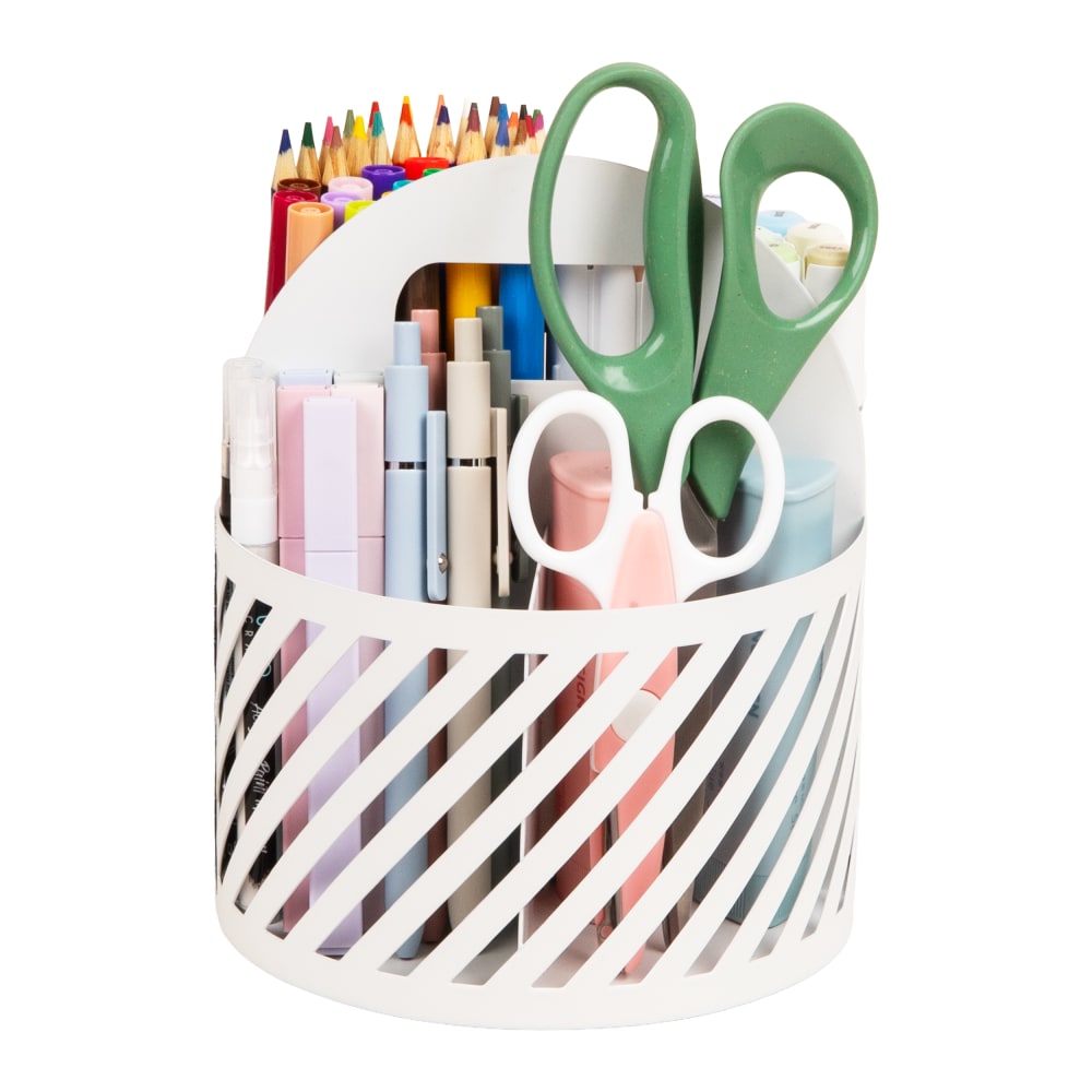 Mind Reader 4-Compartment Round Metal Desktop Carousel Organizer With Handle, 7-1/4inH x 6inW x 6inD, White, Total Qty 1 MPN:MOSBASK-WHT