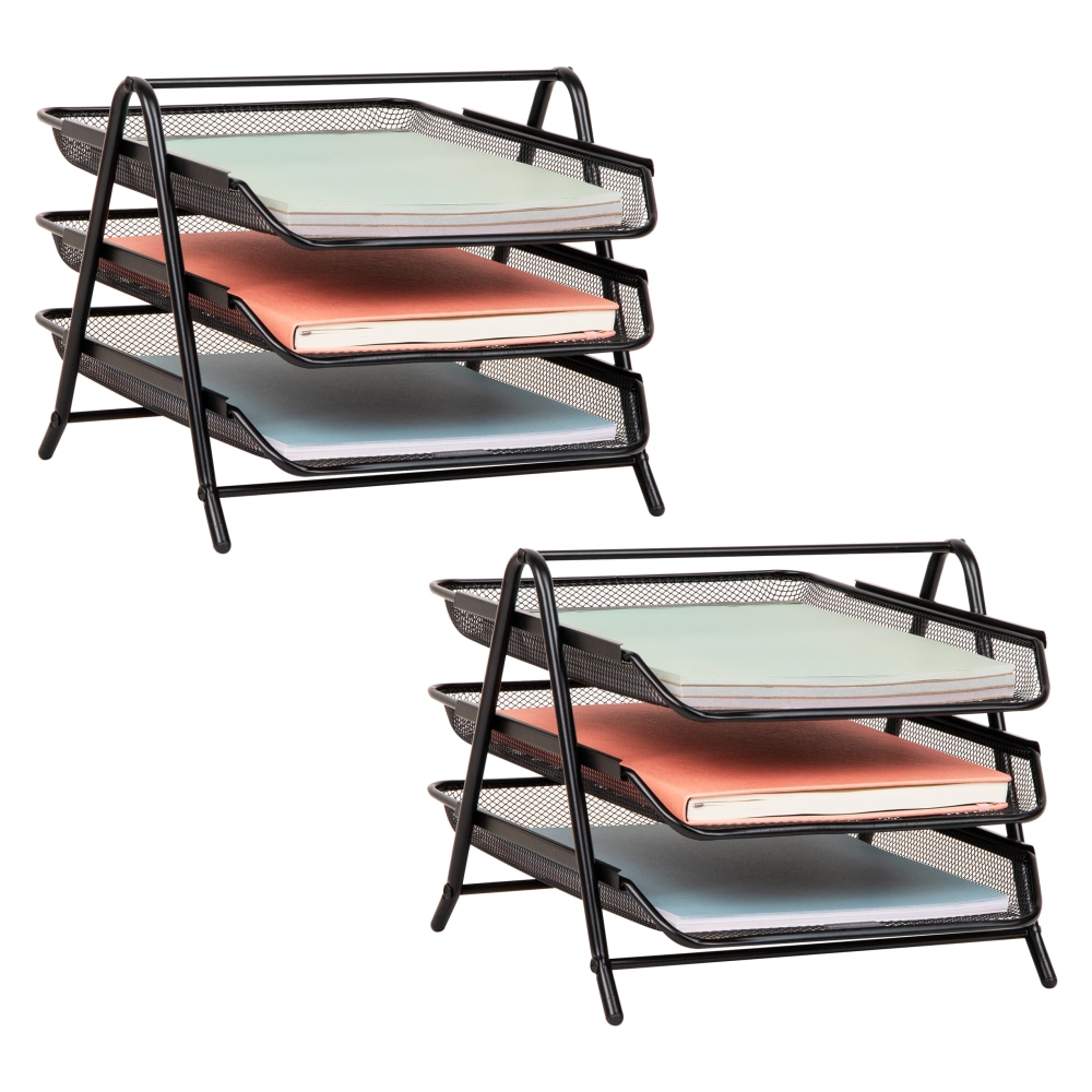 Mind Reader 3-Tier Paper Tray Desktop Organizer, File Storage, 10inH x 13-3/4inW x 11-1/2inL, Black, Set of 2 Trays MPN:3TPAP2PK-BLK