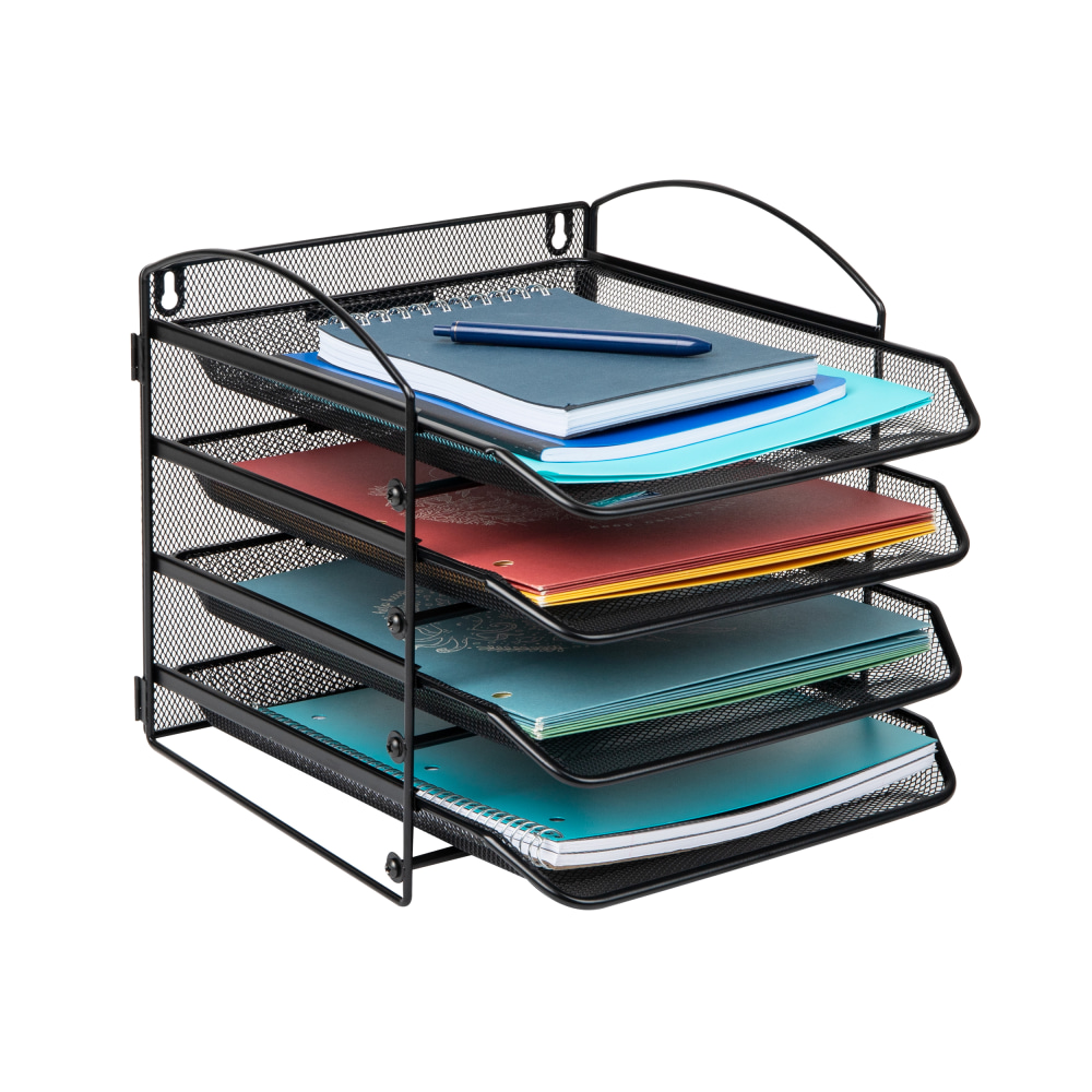 Mind Reader Wall Mountable 4-Tier Paper Tray Desktop Organizer, 11-1/2inH x 14-1/4inW x 11-1/2inD, Black MPN:4THANG-BLK