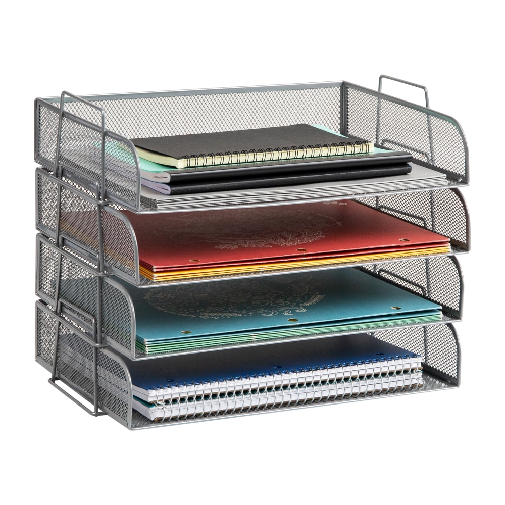 Mind Reader 4-Piece Stackable Paper Tray Desktop Organizer, 11-1/2inH x 9-3/4inW x 13-1/4inD, Silver MPN:DSTACK4-SIL