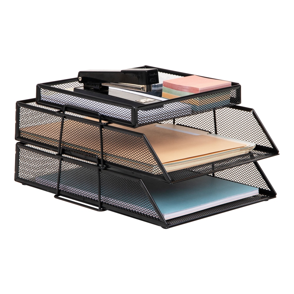 Mind Reader 2-Tier Paper Tray With Top Supply Compartment, 6-3/4inH x 13-1/4inW x 10-1/2inD, Black MPN:3TSET-BLK